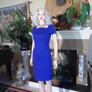 Gianni Versace Cobalt Blue Wool Sheath Dress w/Leather Shoulder Inserts Size 6